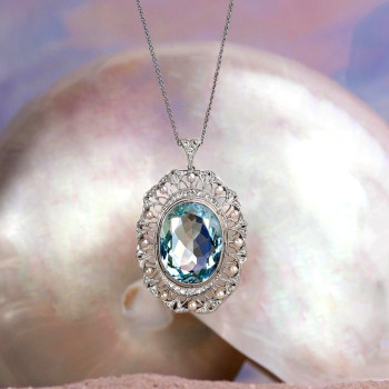 15ct Oval Cut Aquamarine Pearl Halo Vintage Pendant Necklace