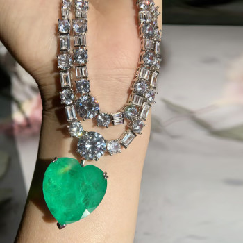 20ct Huge Heart Cut Emerald Two Row Statement Necklace
