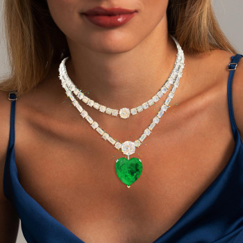 20ct Huge Heart Cut Emerald Two Row Statement Necklace