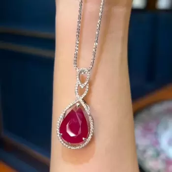 9ct Pear Cut Ruby Vintage Halo Pendant Necklace