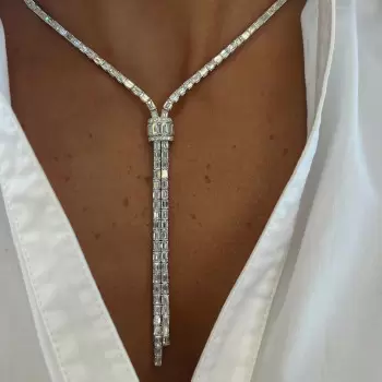 36ctw Emerald Cut White Sapphire Bolo Statement Necklace