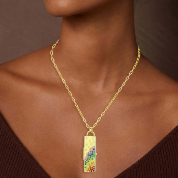 Stars Engraved Rainbow Sapphire Locket Design Pendant Necklace