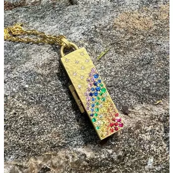 Stars Engraved Rainbow Sapphire Locket Design Pendant Necklace