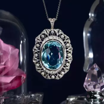 15ct Oval Cut Aquamarine Pearl Halo Vintage Pendant Necklace
