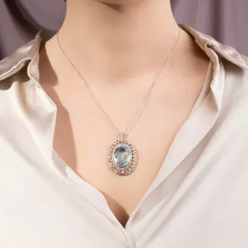 15ct Oval Cut Aquamarine Pearl Halo Vintage Pendant Necklace