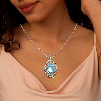 15ct Oval Cut Aquamarine Pearl Halo Vintage Pendant Necklace