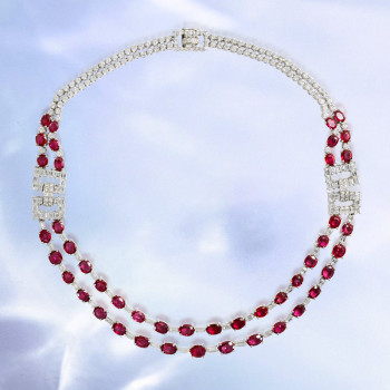 52ctw Oval Cut Ruby Art-deco Two Row Statement Necklace