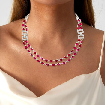 52ctw Oval Cut Ruby Art-deco Two Row Statement Necklace
