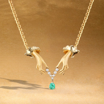 Pear Cut Emerald Vintage Love Hands Pendant Necklace