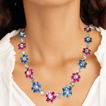 85ctw Blue and Ruby Flower Vintage Statement Necklace