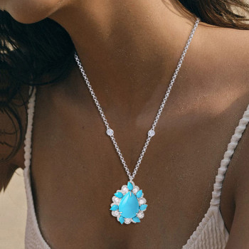 6ct Pear Cut Turquoise Vintage Halo Pendant Necklace