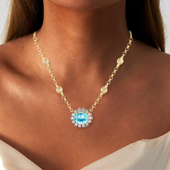 2.5ct Oval Cut Aquamarine Halo Pendant Necklace