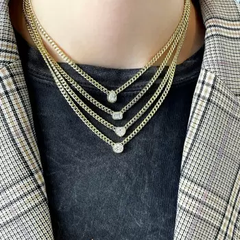Simple Cuban Link Chain Bezel Set Pendant Necklace