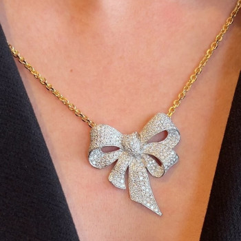 White Sapphire Paved Large Bow Pendant Necklace