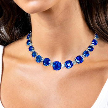 60ctw Gradient Size Cushion Cut Blue Sapphire Statement Necklace
