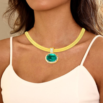 10ct Oval Cut Emerald Wide Herringbone Chain Statement Necklace