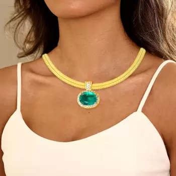 10ct Oval Cut Emerald Wide Herringbone Chain Statement Necklace