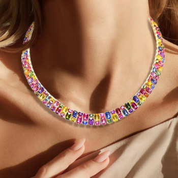 66ctw Emerald Cut Multicolor Sapphire Statement Necklace