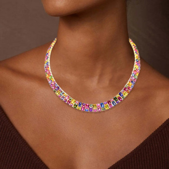 66ctw Emerald Cut Multicolor Sapphire Statement Necklace