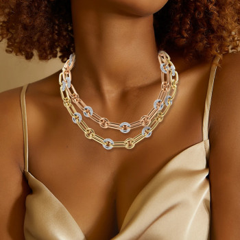 White Sapphire Paved Link Chain Two Tone Statement Necklace