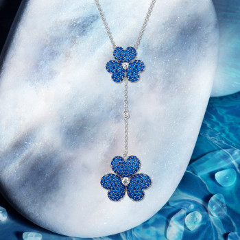 6ctw Blue Sapphire Paved Two-Flower Necklace