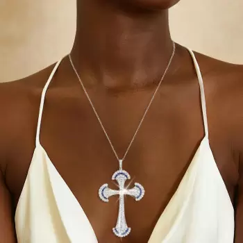 8ctw Edwardian Style Pearl and Sapphire Cross Pendant Necklace