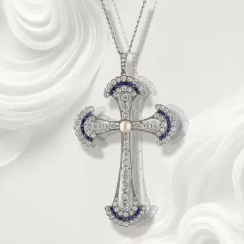8ctw Edwardian Style Pearl and Sapphire Cross Pendant Necklace