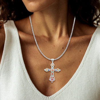 5ctw Round Cut Multicolor Sapphire Cross Pendant Necklace