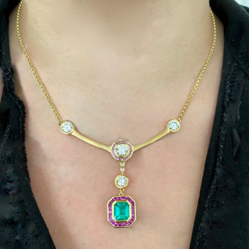4ct Emerald Cut Emerald With Ruby Halo Pendant Necklace