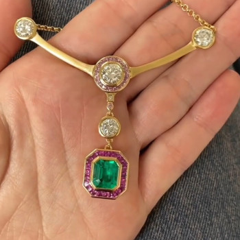4ct Emerald Cut Emerald With Ruby Halo Pendant Necklace