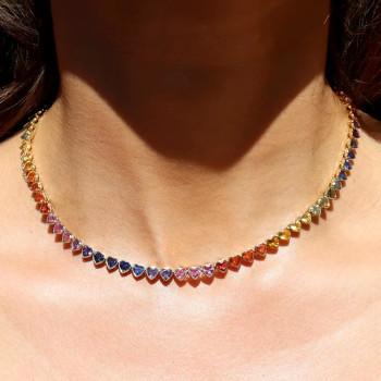 35ctw Bezel-set Heart Cut Multicolor Sapphire Rainbow Necklace