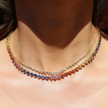 35ctw Bezel-set Heart Cut Multicolor Sapphire Rainbow Necklace