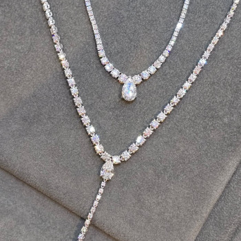 16ctw Pear and Round Cut Layered Necklace Set
