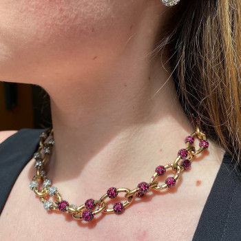 25ctw Flush Set Ruby and White Sapphire Link Necklace