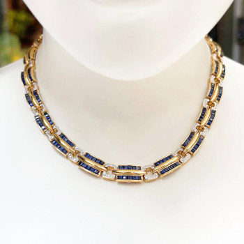 25ctw Blue and White Sapphire Art-deco Link Necklace