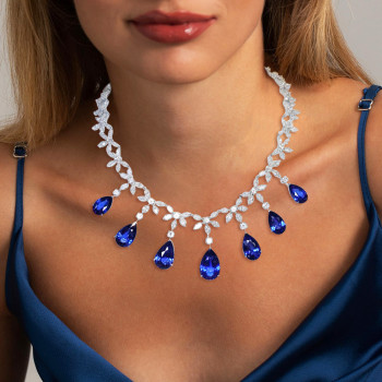 110ctw Pear Cut Blue Sapphire Flower Statement Necklace