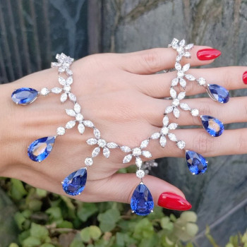 110ctw Pear Cut Blue Sapphire Flower Statement Necklace