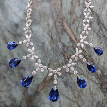 110ctw Pear Cut Blue Sapphire Flower Statement Necklace