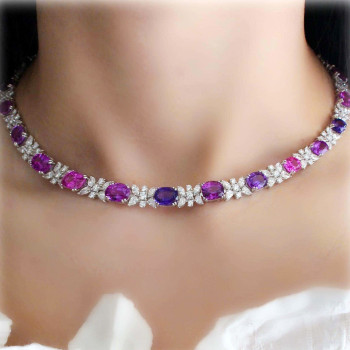60ctw Oval Cut Amethyst and Fuchsia Sapphire Flower Necklace