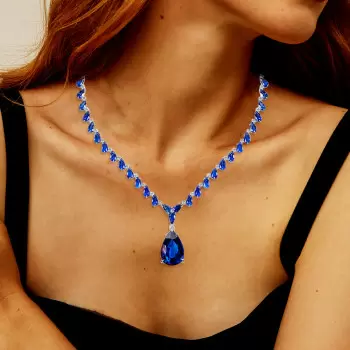 50ctw Pear Cut Blue Sapphire Classic Statement Necklace