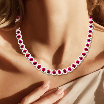 80ctw Halo Oval Cut Ruby Classic Tennis Necklace