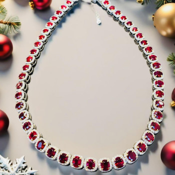 80ctw Halo Oval Cut Ruby Classic Tennis Necklace