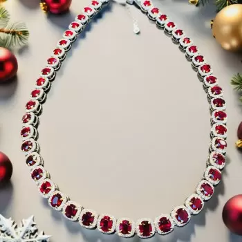 80ctw Halo Oval Cut Ruby Classic Tennis Necklace