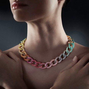 120ctw Multicolor Sapphire Paved Rainbow Link Statement Necklace