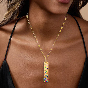 Flush Set Rainbow Sapphire Bar Pendant Necklace