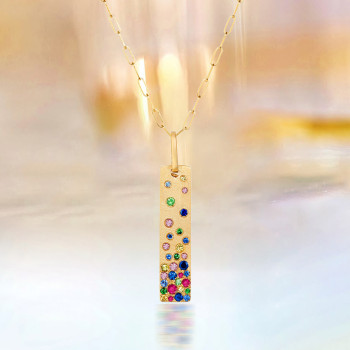 Flush Set Rainbow Sapphire Bar Pendant Necklace