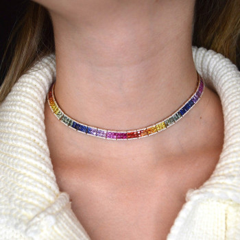 50ctw Princess Cut Multicolor Sapphire Rainbow Necklace