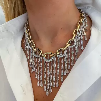 64ctw Pear Cut Two Tone Link Fringe Statemnet Necklace