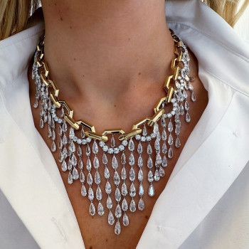 64ctw Pear Cut Two Tone Link Fringe Statemnet Necklace