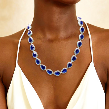 80ctw Pear Cut Blue Sapphire Halo Statement Necklace